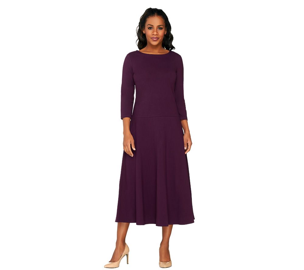 Women with Control 3/4 Sleeve Scoopneck Ballerina Dress - A228613