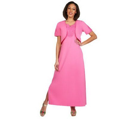 Denim & Co. Regular Crochet Trim Knit Maxi Dress & Shrug - A230913