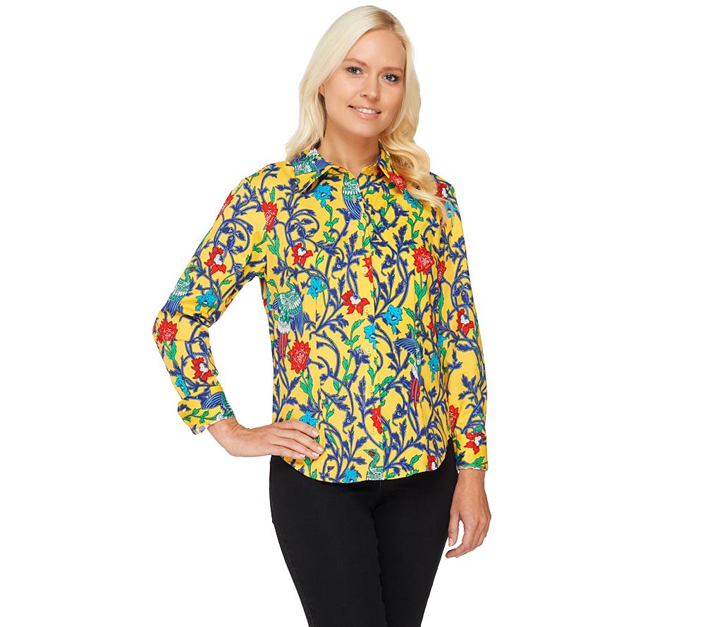 Linea by Louis DellOlio All-Over Print Button Front Long Sleeve Top - A232513