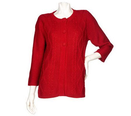 Denim & Co. 3/4 Sleeve Three Button Cable Cardigan Sweater - A92913