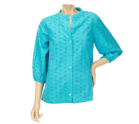 Dennis Basso Button Down 3/4 Sleeve Eyelet Blouse with Tank - A223614