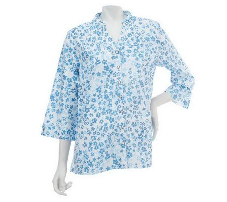 Denim & Co. 3/4 Sleeve Y-Neck Button Down Print Shirt - A225514