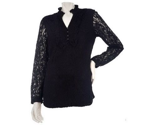 Isaac Mizrahi Live! Long Sleeve Split Mock Neck Lace Blouse - A228514