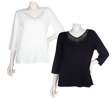 Quacker Factory Set of 2 Studs & Stones Fine Gauge V-neck Sweaters - A81714