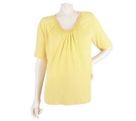 Susan Graver Liquid Knit Elbow Sleeve Beaded U-neck Top w/ Ruching - A200915