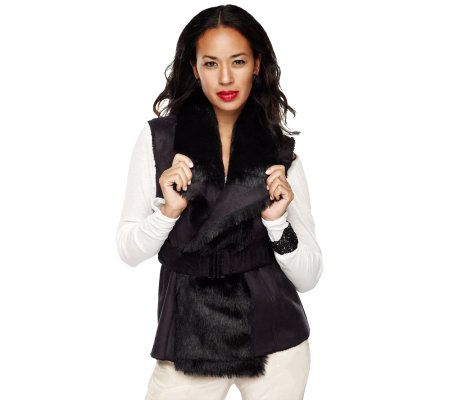 K-DASH by Kardashian Drape Front Faux Fur Vest with Belt - A218315
