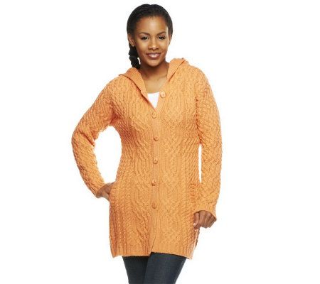 Aran Craft Merino Wool Button Front Hooded Cardigan - A218915