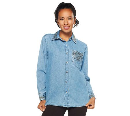 Quacker Factory Abstract Animal Studded Denim Big Shirt - A81815