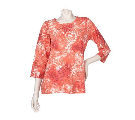 Denim & Co. 3/4 Sleeve Lace Floral Print Scoopneck Stretch T-shirt - A87115