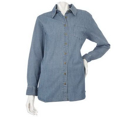 Denim & Co. Long Sleeve Stretch Denim Big Shirt with Side Slits - A210316