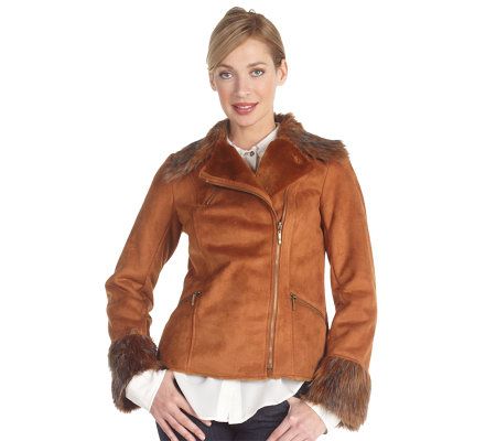Luxe Rachel Zoe Faux Shearling Motorcycle Jacket with Faux Fur Trim - A210916