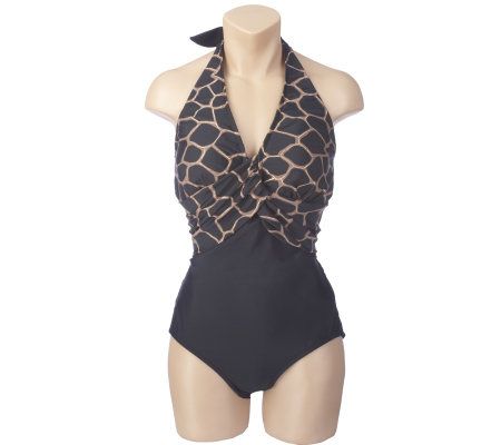 Carol Wior Drape Front Halter 1-piece Swimsuit - A215516