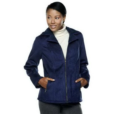 Denim & Co. Faux Suede Zip Front Jacket with Sherpa Lining - A217616