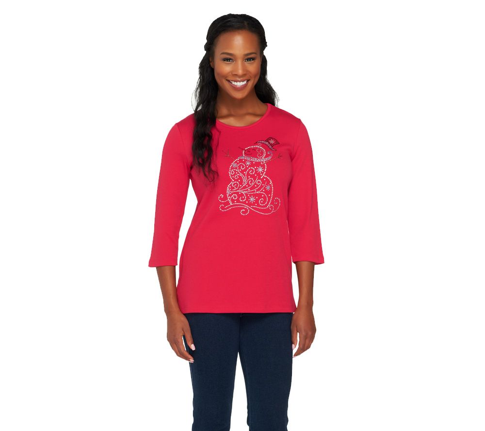 Quacker Factory Rhinestone Swirly Snowman 3/4 Sleeve T-shirt - A226916