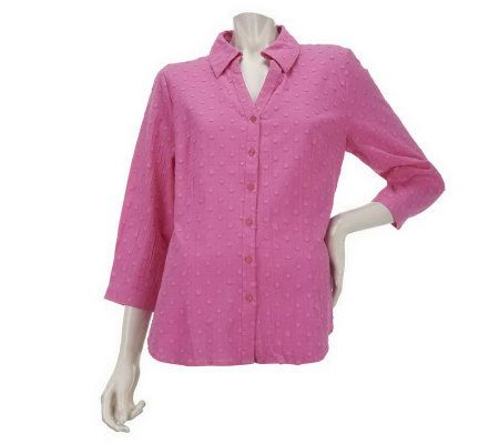 As Is Denim & Co. 3/4 Sleeve Clip Dot Button Front Gauze Shirt - A236216