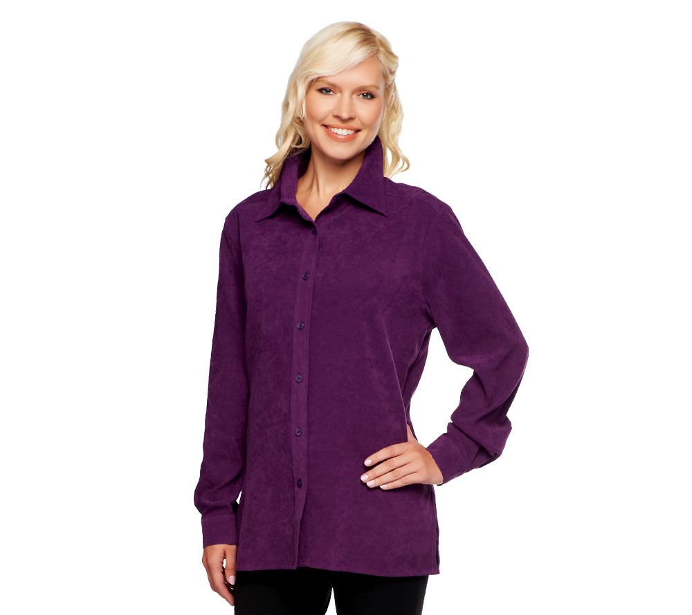 Denim & Co. Stretch Faux Suede Button Front Big Shirt - A47516