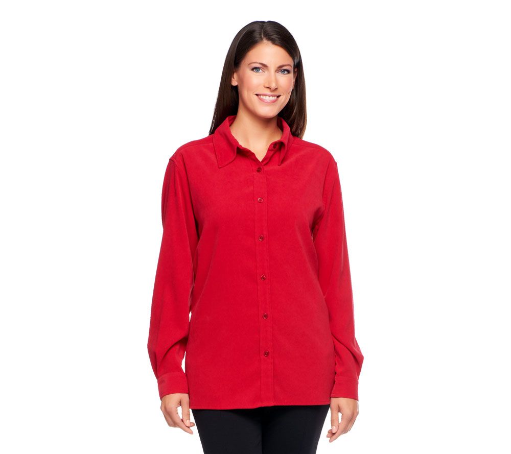 Denim & Co. Stretch Faux Suede Button Front Big Shirt - A47516