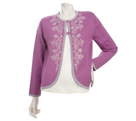 Bob Mackies Beaded Curve-Front Cardigan with Metallic Trim - A93816