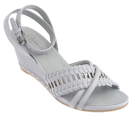 B. Makowsky Leather Woven Wedge Sandals w/ Ankle Strap - A214517