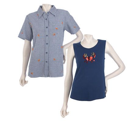 Quacker Factory Sequin Tank and Embroidered Camp Shirt - A214617