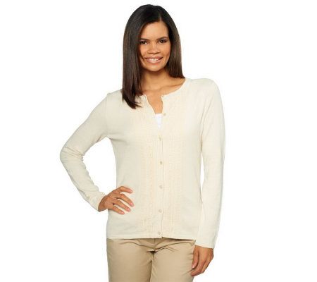 Liz Claiborne New York Button Front Cardigan with Lace Trim - A217817