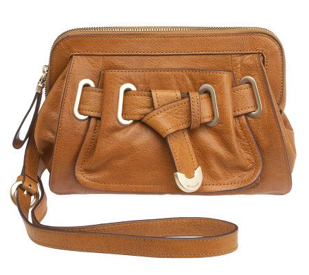 B. Makowsky Glazed Leather Zip Top Crossbody Bag w/Belted Accent - A219017