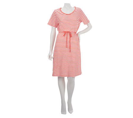 Denim & Co. Short Sleeve Stripe Slub Knit Dress w/Tie - A225517