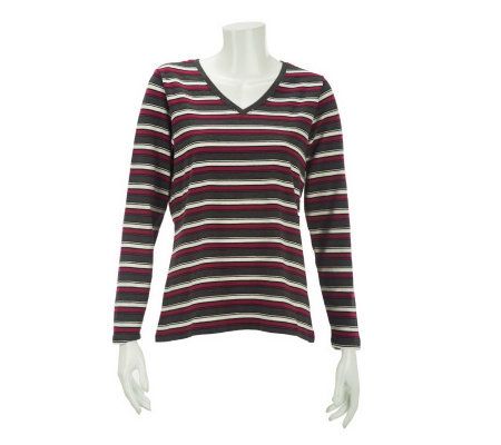 Denim & Co. Long Sleeve V-Neck Heather Stripe Tee - A228117