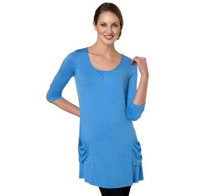 LOGO by Lori Goldstein 3/4 Sleeve Knit Top with Ruched Pockets - A230417
