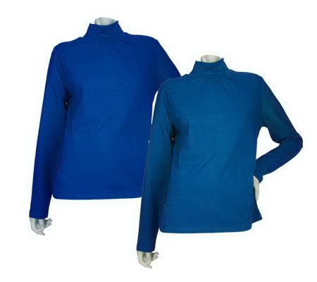 As Is Denim & Co. Set of 2 Mock Neck Stretch Tops w/ Shirring Detail - A237217