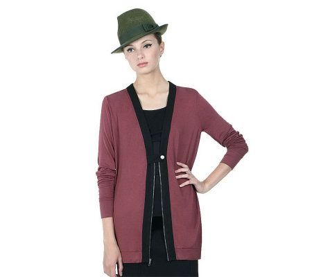 LOGO by Lori Goldstein Zip Front Cardigan with Tab Details - A203618