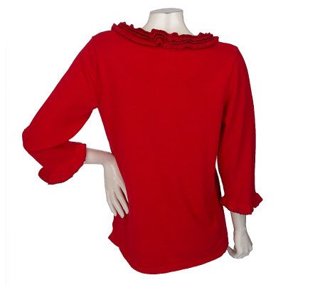 Quacker Factory 3/4 Sleeve Ruffled Sweater with Sequin Rose Detail