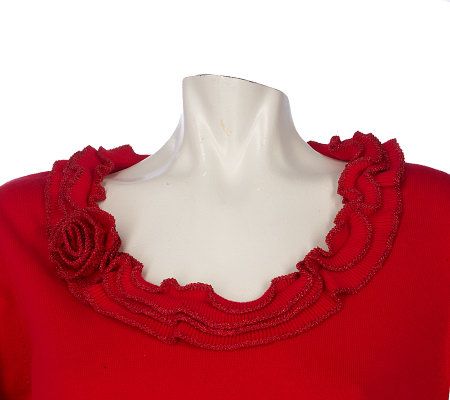 Quacker Factory 3/4 Sleeve Ruffled Sweater with Sequin Rose Detail
