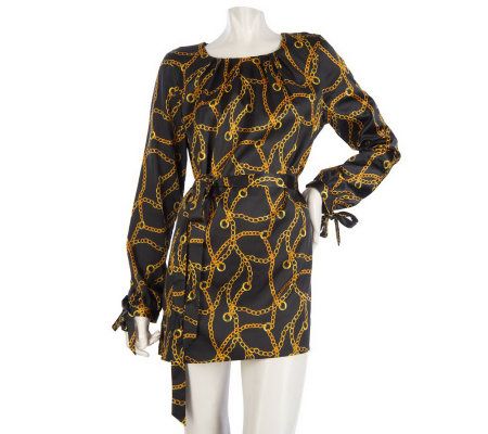 Dennis Basso Printed Charmeuse Tunic with Self Belt - A218518