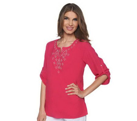 Susan Graver Gauze Tunic Top with Beaded Embellishment - A223818