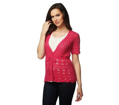 Liz Claiborne New York Hand Crochet V-neck Cardigan w/ Self Tie - A224018
