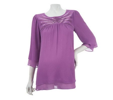 Bob Mackies Sequin Embellished 3/4 Sleeve Top w/Tiered Hem - A227018