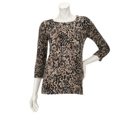 Dennis Basso 3/4 Sleeve Scoopneck Animal & Lace Print Sweater - A228618