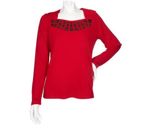 Bob Mackies Beaded Geometric Top with Velvet Applique - A93818