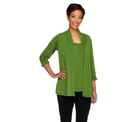 Susan Graver Liquid Knit Cardigan and Tank Set with Ruched Sleeves - A209919