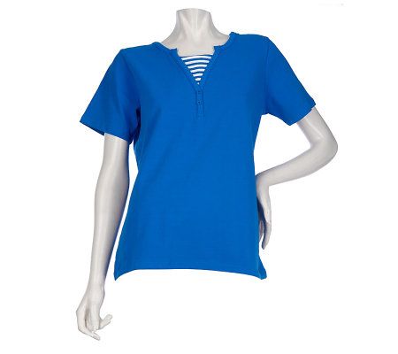 Denim & Co. Short Sleeve Split Neck Henley with Striped Trim - A215419