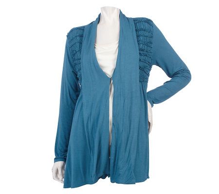 LOGO by Lori Goldstein Open Front Cardigan with Shirring Detail - A217719