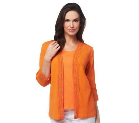 Denim & Co. 3/4 Sleeve Open Gauze Top w/ Crochet Trim & Knit Tank - A219319