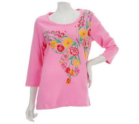 Quacker Factory Swallowtail Butterfly Sparkle 3/4 Sleeve T-shirt - A224419