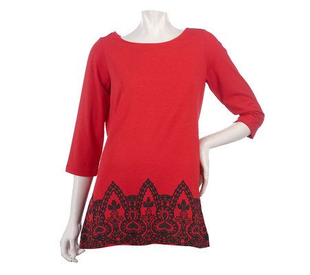 LOGO by Lori Goldstein 3/4 Sleeve Knit Tunic with Printed Hem - A217720
