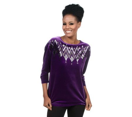 Bob Mackies Sequin Spangle Stretch Velvet 3/4 Sleeve Pullover Top - A218920