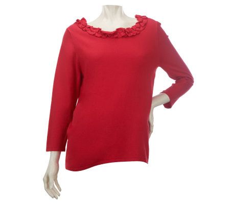 Susan Graver 3/4 Sleeve Sweater with Beaded Ruffle Neckline - A220420