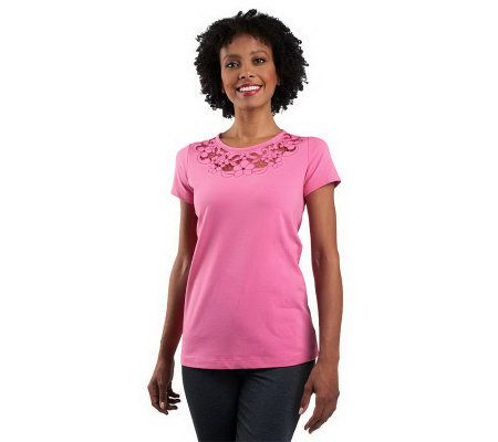 Isaac Mizrahi Live! Floral Cut-Out Scoop Neck T-shirt - A220520
