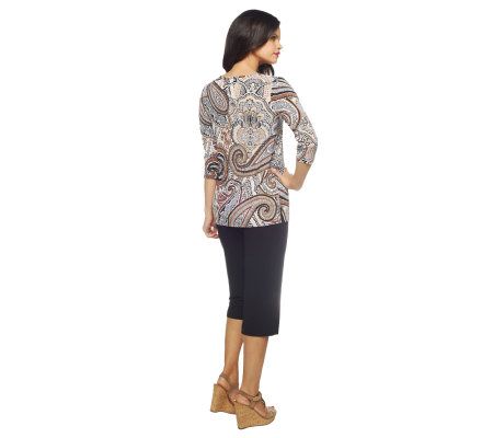 Susan Graver Printed Liquid Knit V-neck Top w/Capri Pants