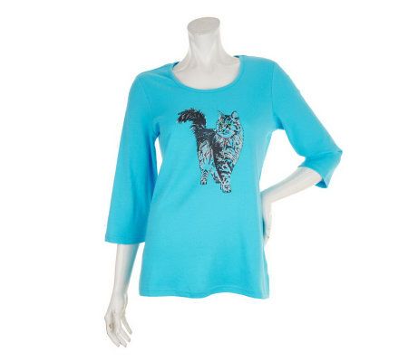 Quacker Factory Glitter Kitty 3/4 Sleeve T-shirt - A224420